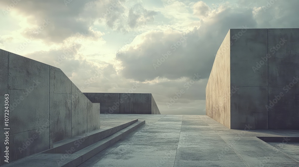 Poster empty rooftop with plain concrete barriers against a cloudy sky, capturing simplicity in urban space