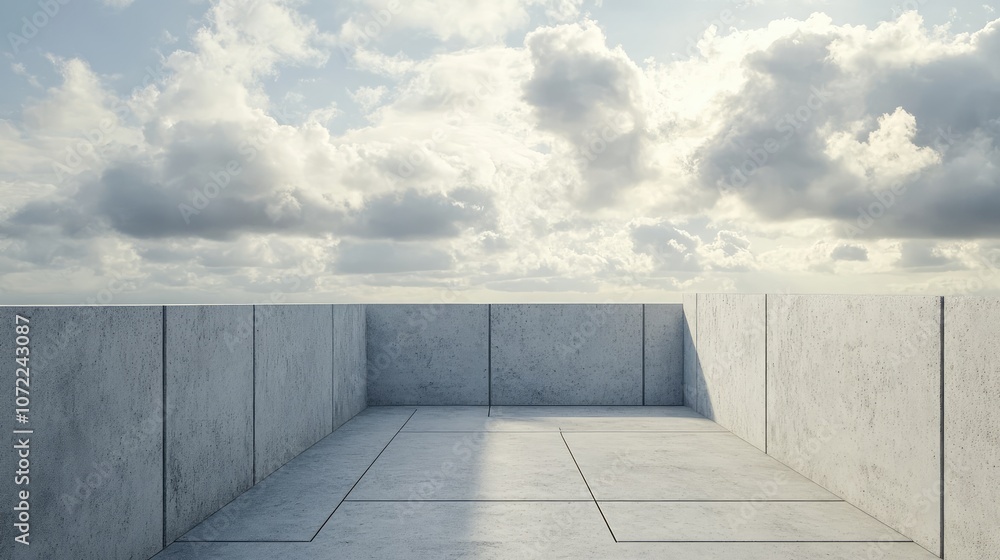 Poster empty rooftop with plain concrete barriers against a cloudy sky, capturing simplicity in urban space