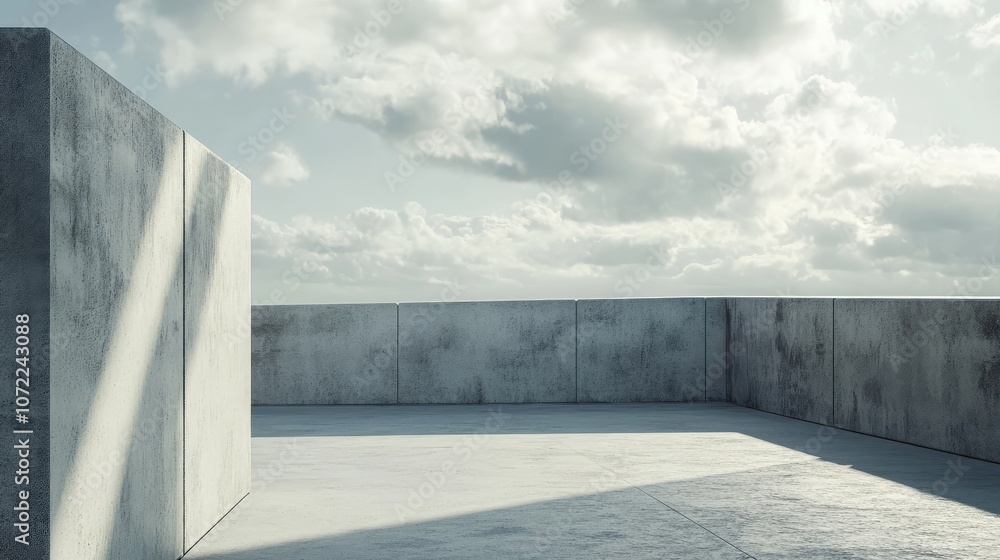 Poster empty rooftop with plain concrete barriers against a cloudy sky, capturing simplicity in urban space