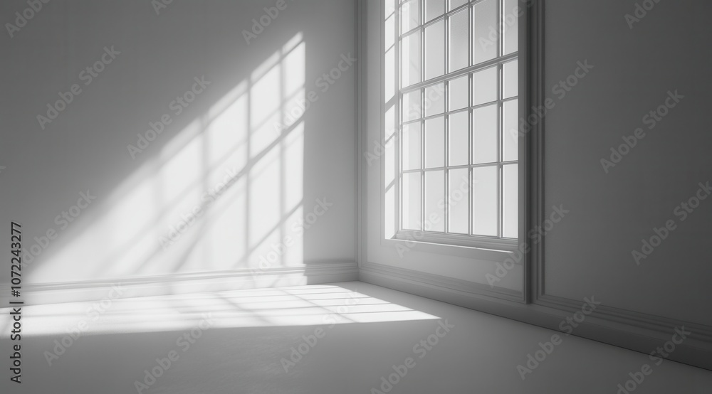 Poster 3d rendering of an empty white room with a window and a sunlight shadow on the wall.