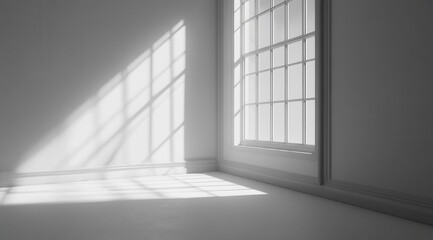 3D rendering of an empty white room with a window and a sunlight shadow on the wall. 