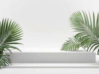 Obraz premium Realistic white 3D round podium background with wood top, Green palm leaf scene. Minimalist 3D mockup abstract cosmetic product display presentation, Stage showcase. Platforms vector geometric design.