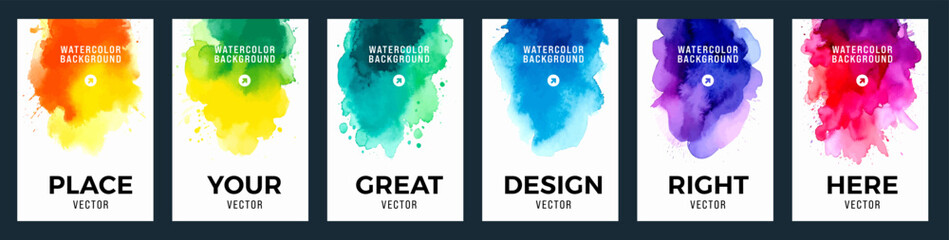 Set of A4 bright vector colorful watercolor background templates for poster, brochure or flyer