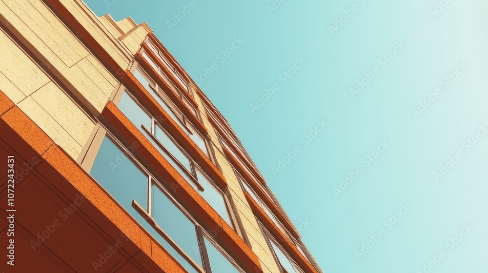 Poster modern skyscraper corner against a clear blue sky, with focus on sharp architectural lines and empty