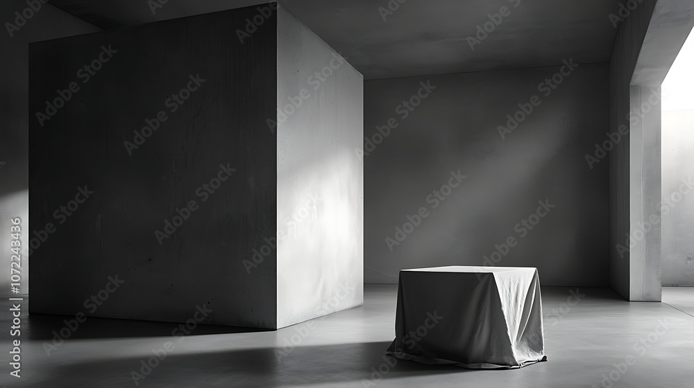Aufkleber a minimalistic interior scene featuring a folded tablecloth draped over a simple table resting on a 