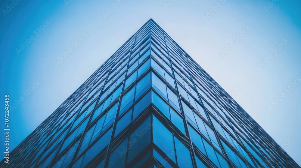 Poster modern skyscraper corner against a clear blue sky, with focus on sharp architectural lines and empty