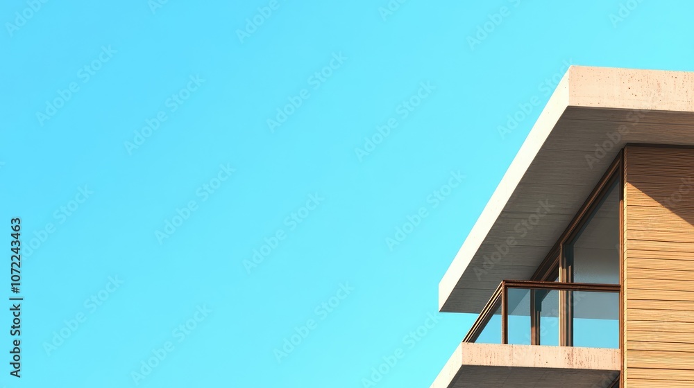Poster modern skyscraper corner against a clear blue sky, with focus on sharp architectural lines and empty