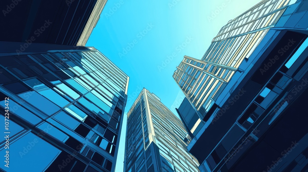Poster modern skyscraper corner against a clear blue sky, with focus on sharp architectural lines and empty