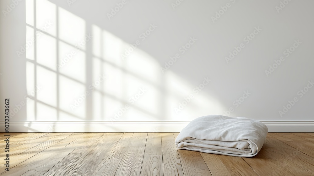 Aufkleber a neatly folded white sheet resting on a wooden floor with soft shadows from a nearby window creatin