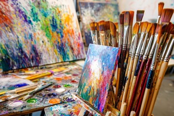 Obraz premium Vibrant Classroom Art Supplies and Painting Scene