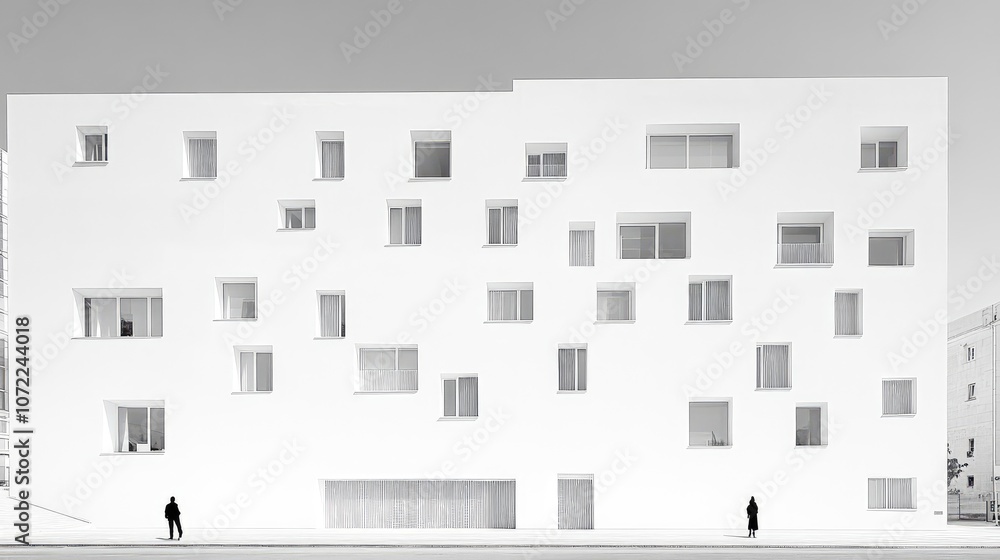 Aufkleber white building facade with evenly spaced windows, capturing simplicity in modern urban architecture.
