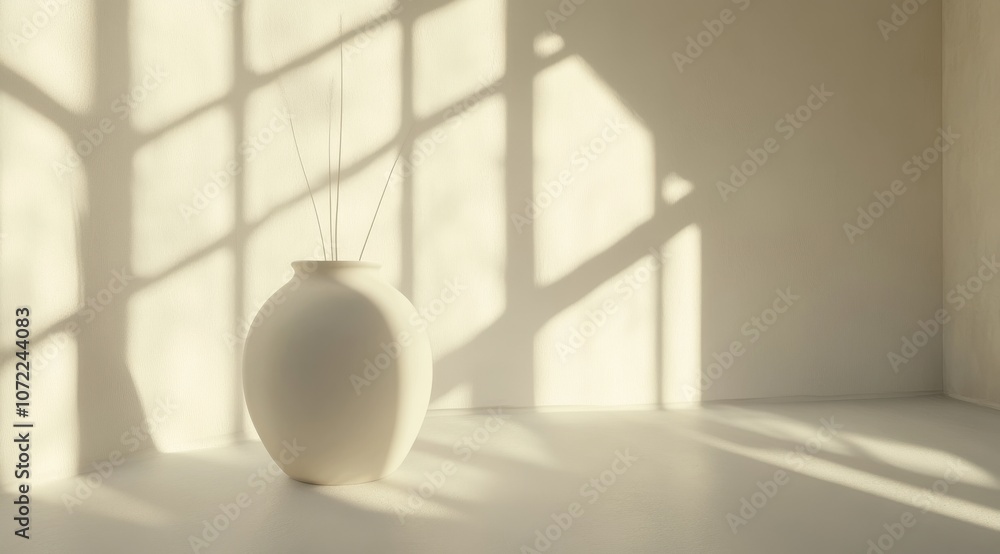 Poster 3d rendering of an empty white room with a window and a sunlight shadow on the wall.