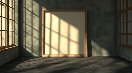Obraz premium Large Empty Frame Propped Against Wall in Minimalist Room with Natural Light Casting Shadows Through Windows, Ideal for Creative Projects or Art Displays