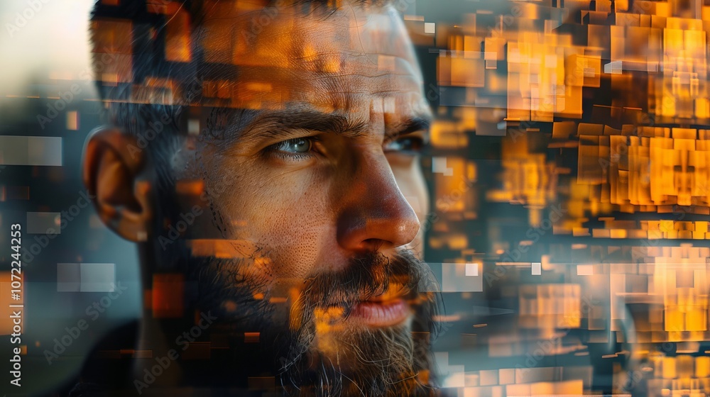 Aufkleber A contemplative man with a beard stands amidst a blend of abstract pixelated patterns, suggesting a fusion of human emotion and digital technology.