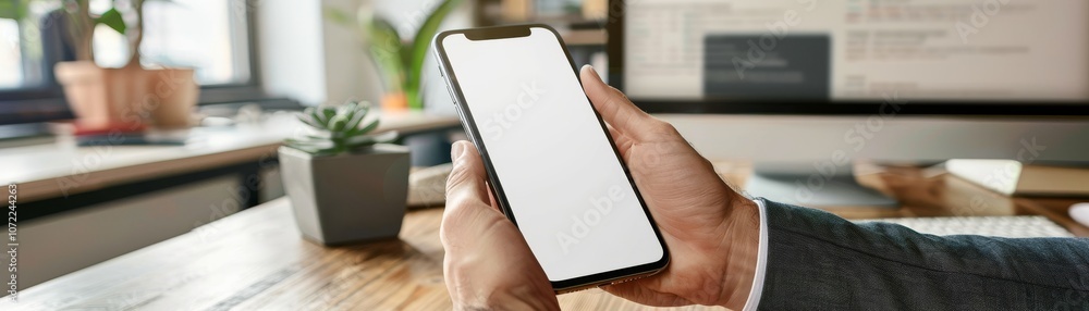Poster a person holds a smartphone with a blank screen, seated at a desk with plants and a computer in the 
