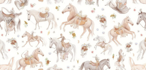  Horses in a natural-themed watercolor pattern