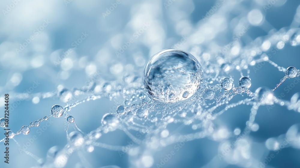 Poster a single dewdrop sits on a spiderweb, surrounded by other droplets, creating a shimmering blue and w