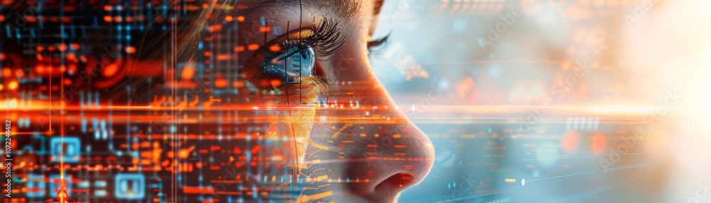 Fototapete a close-up of a woman's profile, superimposed with digital data patterns, symbolizing the intersecti