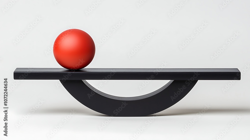 Poster minimalist red and black art piece featuring a symmetrical balance with a red sphere positioned on a