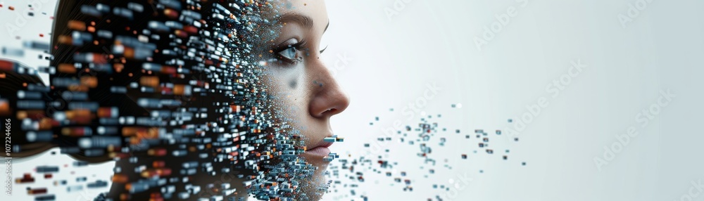 Aufkleber A digital representation of a person's face dissolving into particles, symbolizing the fusion of technology and identity.