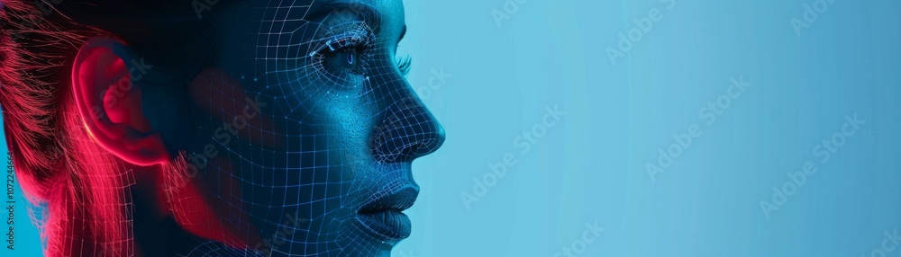 Poster a profile view of a person illuminated with vibrant blue and red colors, creating a futuristic, digi