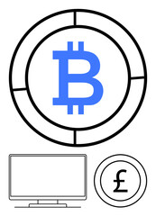 Obraz premium Large blue Bitcoin symbol inside circle, computer monitor icon, smaller Pound Sterling symbol in circle. Ideal for cryptocurrency themes, financial markets, fintech, digital currency, online trading