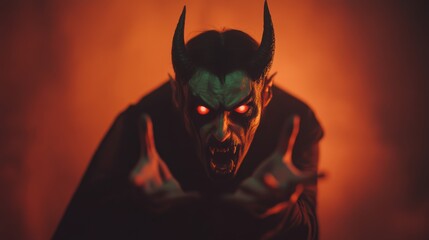 Demonic Figure with Glowing Eyes and Horns in Fiery Background