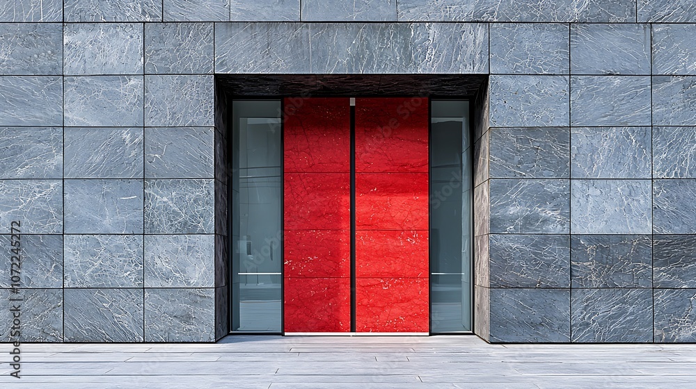 Poster modern symmetrical doorway with striking red and black elements framed by sleek gray stone architect