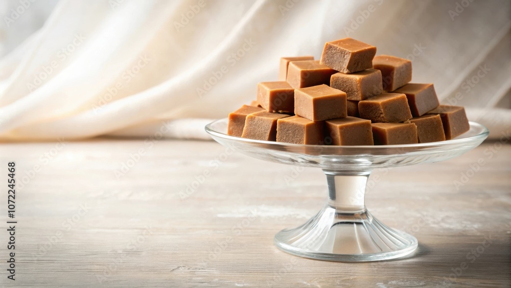 Poster a glass pedestal displaying a delightful arrangement of caramel squares, each one reflecting a warm 