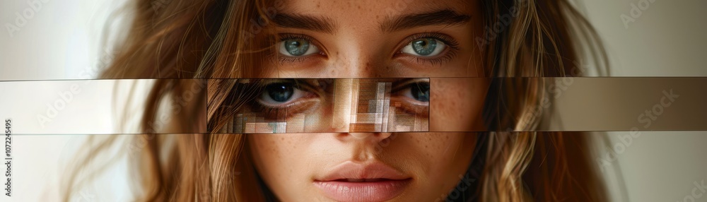 Fototapete a digitally distorted image of a person's face, featuring striking blue eyes and a blend of textures