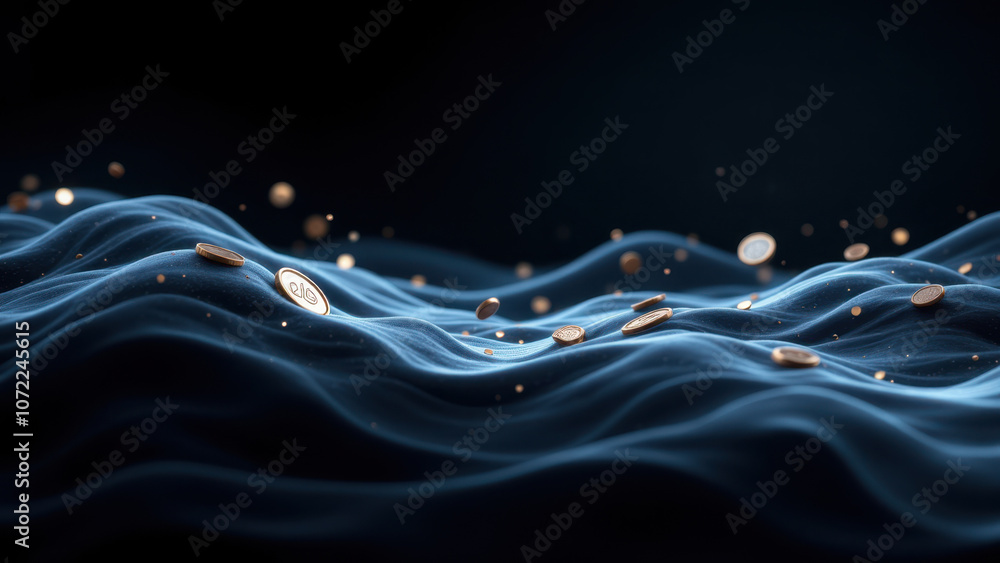 Poster stablecoin visual metaphor with coins flowing in a fluid motion against a dark backdrop.