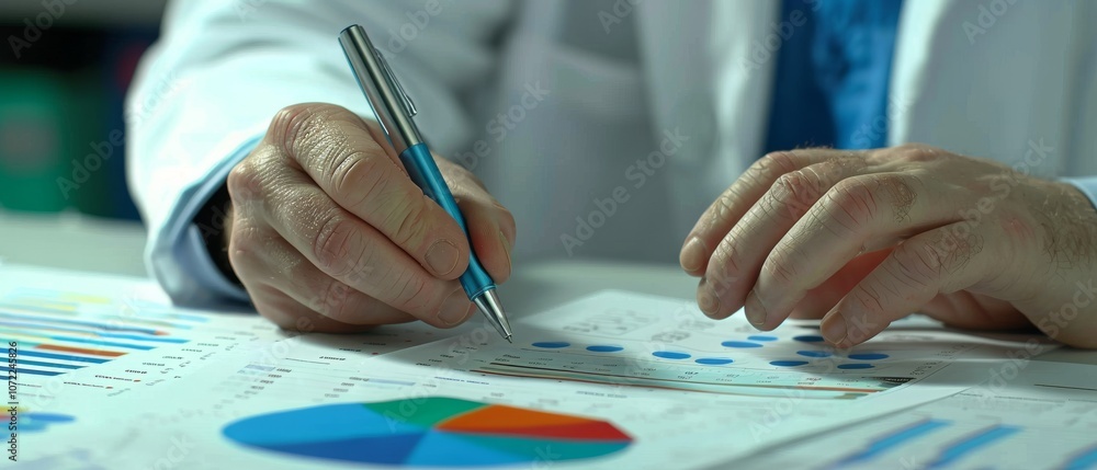 Aufkleber a researcher analyzes data charts and graphs, jotting down observations with a pen, highlighting a f