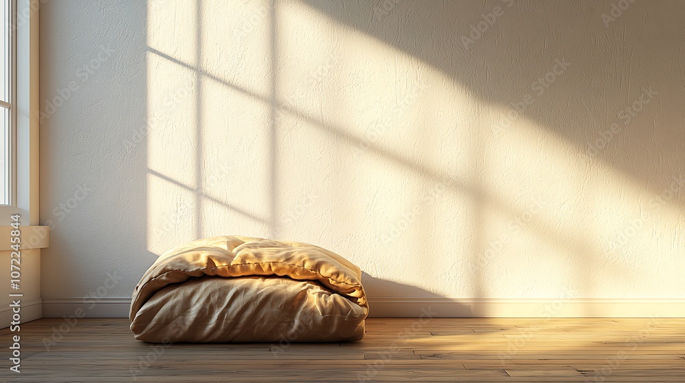 Poster a serene interior scene featuring a single, folded blanket resting on a wooden floor, illuminated by