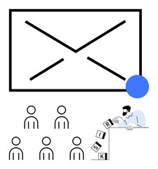 Email envelope, six abstract figures, and person tipping RISKS blocks off table edge. Ideal for communication, teamwork, risk management, office culture, email usage, collaboration, decision-making