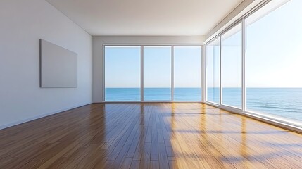 Fototapeta premium Spacious Minimalist Interior with Large Windows Overlooking Tranquil Ocean View, Illuminated by Soft Natural Light Inviting Calmness and Serenity