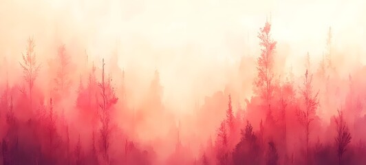 Fototapeta premium A serene misty forest landscape featuring tall, silhouetted trees in shades of pink and orange, evoking a dreamy atmosphere at dawn or dusk.