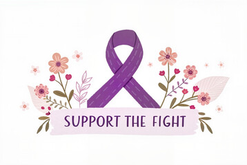 Obraz premium Support the Fight Banner with Purple Ribbon and Flowers