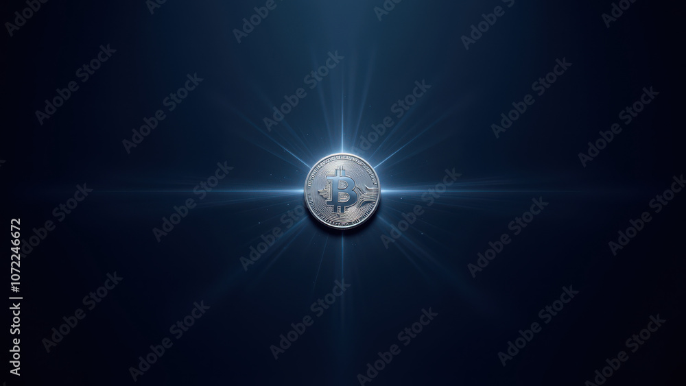 Poster this is a digital illustration featuring a realistic-looking coin with rays of light emanating from 