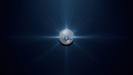 This is a digital illustration featuring a realistic-looking coin with rays of light emanating from behind, set against a dark background.