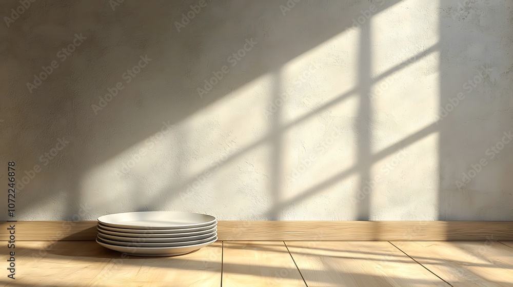 Poster a stack of ceramic plates resting on a wooden floor with soft shadows from large windows casting a c