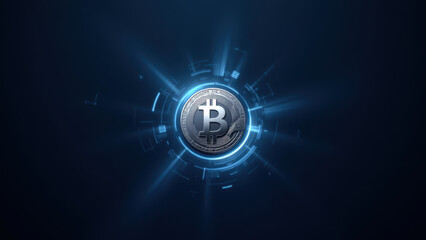 Graphic representation of a Bitcoin with a futuristic backdrop featuring rays of light and digital patterns.