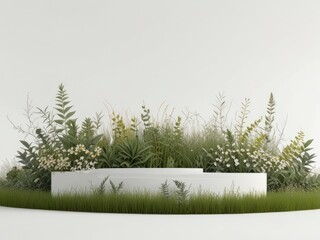 Fototapeta premium Realistic white 3D round podium background with wood top, Green palm leaf scene. Minimalist 3D mockup abstract cosmetic product display presentation, Stage showcase. Platforms vector geometric design.