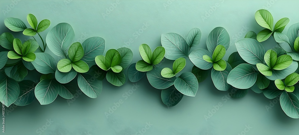 Poster a vibrant array of various green leaves showcasing rich textures and shades, creating a lively and r