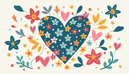Colorful heart made of flowers and leaves in a decorative pattern