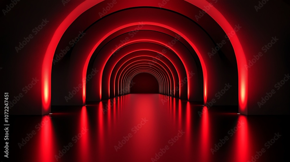 Poster captivating red and black symmetrical archway with soft lighting in a modern space creating a dramat