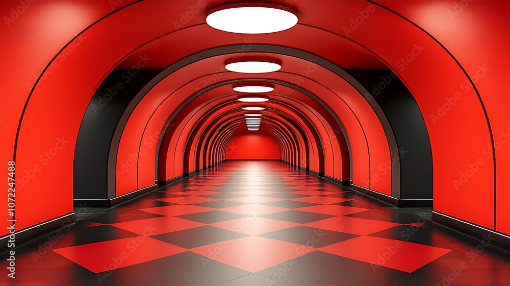 Poster symmetrical red and black archway with soft lighting creating a dramatic corridor effect for artisti
