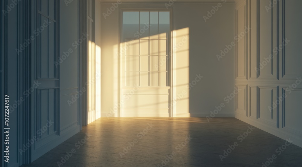 Poster 3d rendering of an empty white room with a window and a sunlight shadow on the wall.