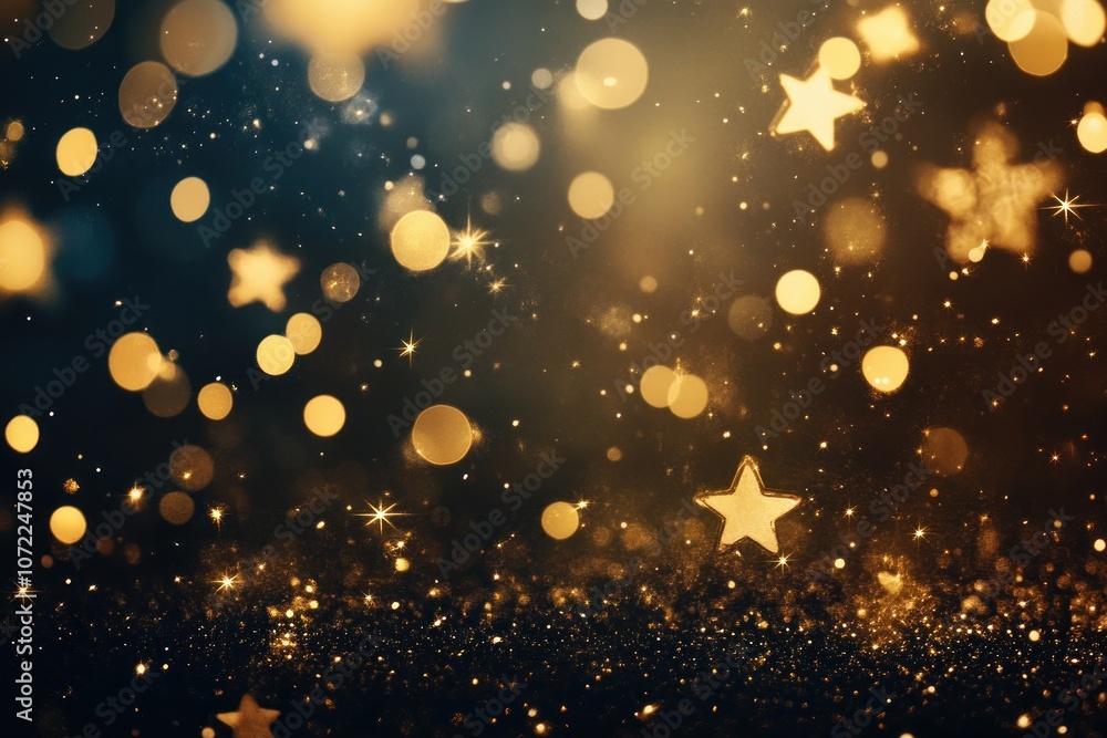 Poster golden sparkle background with stars and bokeh