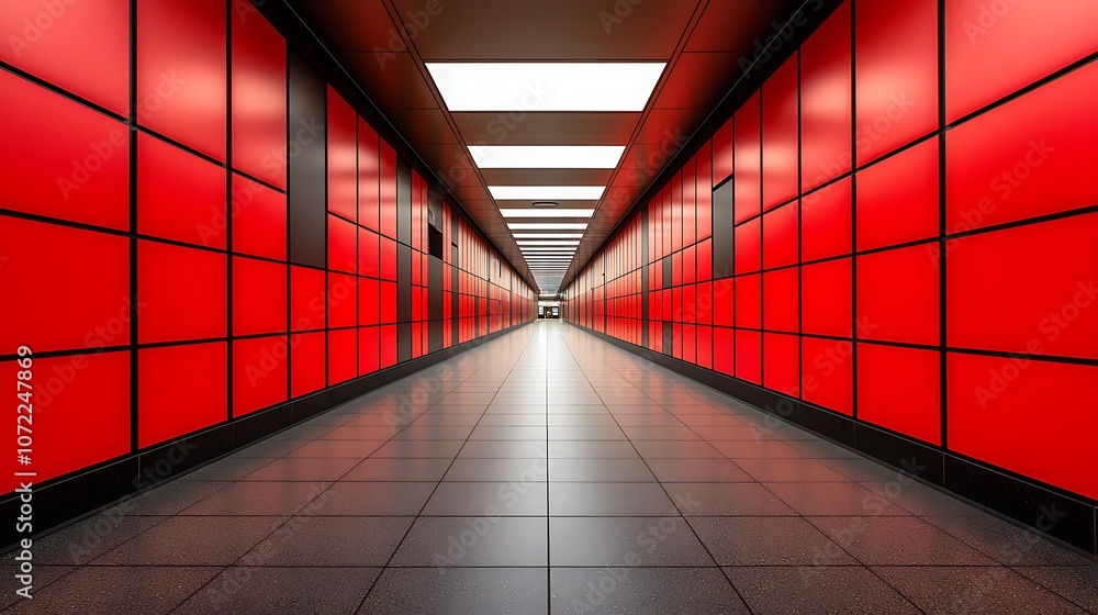 Poster symmetrical vision of a stunning red and black tunnel with soft lighting creating a captivating pers