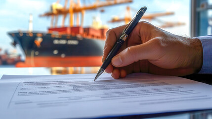 Professional handwriting completes maritime shipping contract in busy port environment
